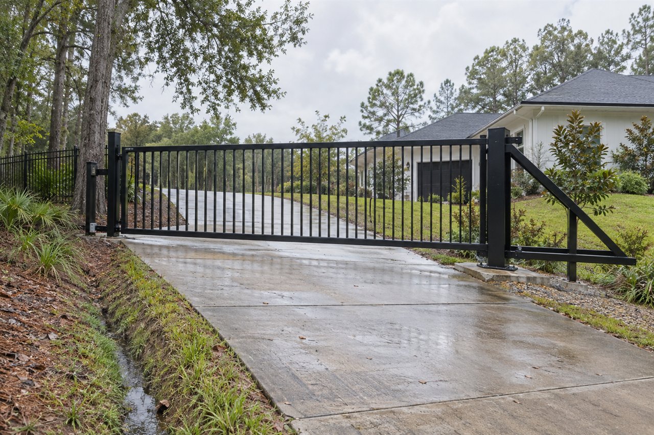 Level black cantilever sliding gate crossing a concrete driveway that rises uphill