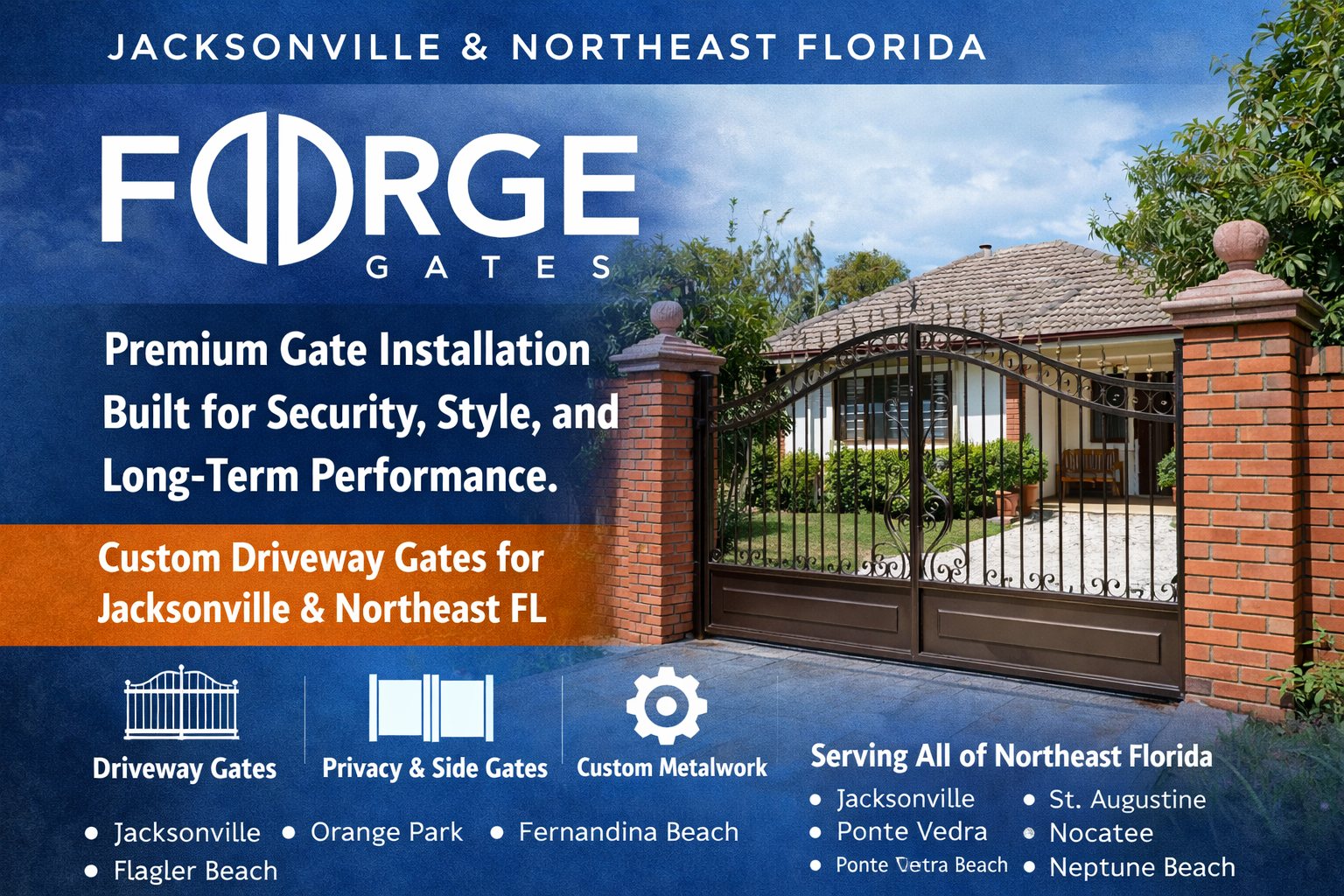 Forge Gates branding beside a custom driveway gate in Northeast Florida